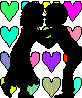 Two black silhouettes of a couple kissing, surrounded by colorful pixelated hearts on gray background.