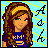 Pixel art buddy icon of a cartoon woman with long brown hair wearing a blue shirt, set against a light blue background with yellow grid lines and black musical notes.