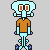 Pixelated character with light blue head and body, brown shirt, purple feet; text "Ha" appears to the right of each figure in a