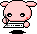 Pixel art contact sheet showing two frames of a pink cartoon character using a computer with visible animation changes in eye expression and hand position.