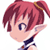 Pixelated anime-style character head with pink hair tied in a ponytail, visible ear, and dark clothing against white background.