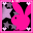 Animated contact sheet of a pink bunny icon with text that forms "I'm so in love." across 23 frames, featuring purple stars and white hearts on black background.