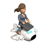 A woman in a blue suit rides a white rocket with light blue accents, holding a black briefcase, with her head turning from left to right across frames.