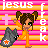 Pixel art contact sheet showing two animated frames of a cartoon girl with pigtails holding a gray object, set against pink and orange striped background with repeated text and cross symbols.