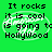 Green background with black pixelated text reading "It rocks it is cool is going to Hollywood" and a white circular motion blur effect.
