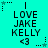 Cyan background with repeated text "I LOVE JAKE KELLY <3" in black pixelated font, surrounded by small star and dot patterns.