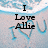 Pixelated image with black text "I Love Allie" over a light blue and white background featuring abstract shapes.