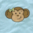 Pixelated monkey face with brown fur, green hair clip, and light blue background, surrounded by pink text.