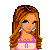 Pixelated cartoon girl with long brown hair and blue eyes wearing a pink top, surrounded by six pink letter icons on white background.