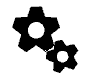 Black gear-shaped icons on light gray background, two sizes per frame, arranged in two with small gear below and to the right of large gear