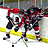 Pixelated hockey scene with players on ice, yellow boards visible; red text 'hard core' and 'hockey fan' below image.
