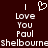 Pixelated text and symbols on dark red background: 'I' above heart, 'Love You Paul', and repeated 'shelbourne' at bottom.