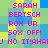 Pixelated text in pink and blue on a green-blue background with yellow accents, repeating multiple lines of text