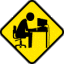 Four yellow diamond-shaped with black borders show a person at a desk with a computer, each depicting a different pose or action