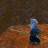 A pixelated character with blue hair and dark clothing stands on a brown textured surface against a dark background, accompanied by text