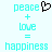 Pixelated cyan text and symbols on white background with black heart symbol above 'peace' in left