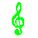 Four pixelated musical treble clefs in green, yellow, blue, and red arranged vertically on a gray background.