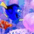 Blue fish character with yellow fin swims left to right against purple and pink background, accompanied by orange fish.