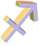 A 3D-rendered Sagittarius zodiac symbol in various orientations and color variations, displayed