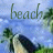 A beach scene with palm trees and a curved structure under a blue sky, displayed in four with varying text color and brightness