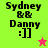 Four display 'Sydney && Danny :]]' text with a star symbol; top-left and bottom-right have green backgrounds, top-right and bottom-left brown. A pink star appears in the top-left while a yellow-green star is in the bottom-left
