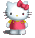 Pixelated white cat with red bow, yellow nose, and pink dress stands against gray background; eyes change expression across frames.