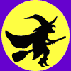 Purple background with Halloween-themed cartoon characters including a witch on a broom, Frankenstein's monster, and a pumpkin-headed figure.