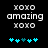 Pixelated text 'XOXO amazing XOXO' with cyan star-like symbols below, displayed on black background.