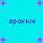 Pixelated cyan background with scattered pink plus signs and four instances of the word 'sparkle' in dark blue pixel font.