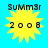 Yellow sunburst icon with black text 'SUMM3r' above and '2008' below on cyan background, showing animation changes in pixel rendering.
