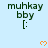 A light blue background displays repeated dark green text 'muhkay bby [:', with orange pixelated hearts appearing and disappearing in a pattern