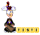 Pixelated character with white hair and red bird on head, wearing dark robe with purple accents, holding brown book, standing before yellow text blocks.