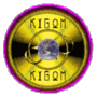 Circular icon with yellow-gold gradient background, purple border, and central Earth image surrounded by orbiting rings, with 'KIGOM' text above and below.