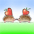 Two pixelated hedgehogs stand side-by-side on green grass, each holding a red strawberry with green leaves against a light blue sky.