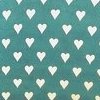 Teal background with scattered white heart shapes in a repeating pattern.