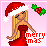 Pixel art contact sheet of six animated frames showing a blonde woman in red dress and Santa hat with holly, displaying text variations "merry mas" on pink background.