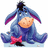 Pixelated blue donkey with purple inner ears, orange belly, and red bow tie stands against white background.
