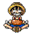 Pixel art character with straw hat and blue shorts in nine poses showing facial expression changes