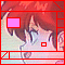 Pixelated anime-style character with red hair and closed eyes, featuring a pink square on the left side of the head in one frame and a brown square in another.
