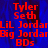 Red text on blue background displays names and terms in pixelated font, with a gray rectangle partially obscuring the lower right.
