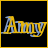 Pixelated yellow and blue text logo on black background with yellow border, appearing as a stylized 'Amy' in retro digital font.