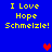 Blue background with yellow text reading "I Love Hope Schmelzle!" in four identical quadrants, each containing a pixelated heart symbol.