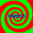 Four identical spiral patterns with alternating red and green rings, each containing blue text reading 'WHOOO' in a pixelated font.