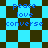 Pixelated blue text on a checkered background with alternating light and dark squares, showing three words repeated in vertical