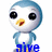 Pixelated cartoon bird with blue and white plumage, large black eyes, and yellow beak stands above blue text reading 'give me a hug!' on white background.