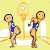 Animated contact sheet of a pixelated basketball player performing dribbling and shooting actions across 22 frames on a yellow background with orange hoops.