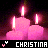 Pixelated pink candles with glowing flames on a dark background, featuring repeated text and heart symbols.