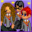 Pixel art of three characters in Hogwarts uniforms with a purple starry background and "HARRY POTTER" text.