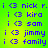 Pixelated blue text on green background displays names and initials with consistent spacing across repeated