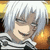 Pixelated anime-style character with silver hair and striped shirt, smiling against warm-toned background.